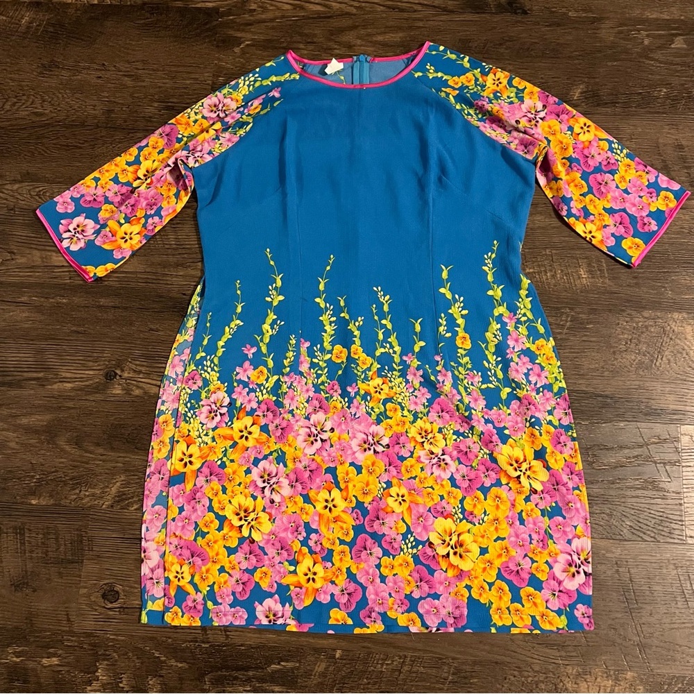 Pansy Floral Blue Dress with Pink and Yellow Accents Asian zipper medium